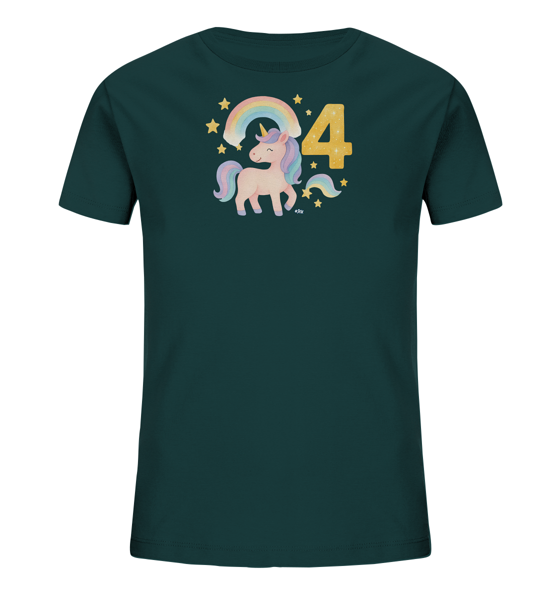 Onlineshop Shirts fuer Kinder - Das Bild zeigt ein dunkelgruenes T-Shirt mit einer Illustration eines Einhorns. Ein bunter Regenbogen und Sterne sind ueber dem Einhorn abgebildet. Rechts daneben ist die grosse gelbe Zahl '4' zu sehen. Das Design ist farbenfroh und verspielt, ideal fuer Kinder.