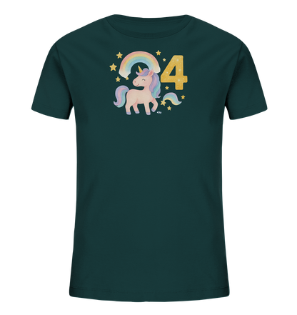 Onlineshop Shirts fuer Kinder - Das Bild zeigt ein dunkelgruenes T-Shirt mit einer Illustration eines Einhorns. Ein bunter Regenbogen und Sterne sind ueber dem Einhorn abgebildet. Rechts daneben ist die grosse gelbe Zahl '4' zu sehen. Das Design ist farbenfroh und verspielt, ideal fuer Kinder.