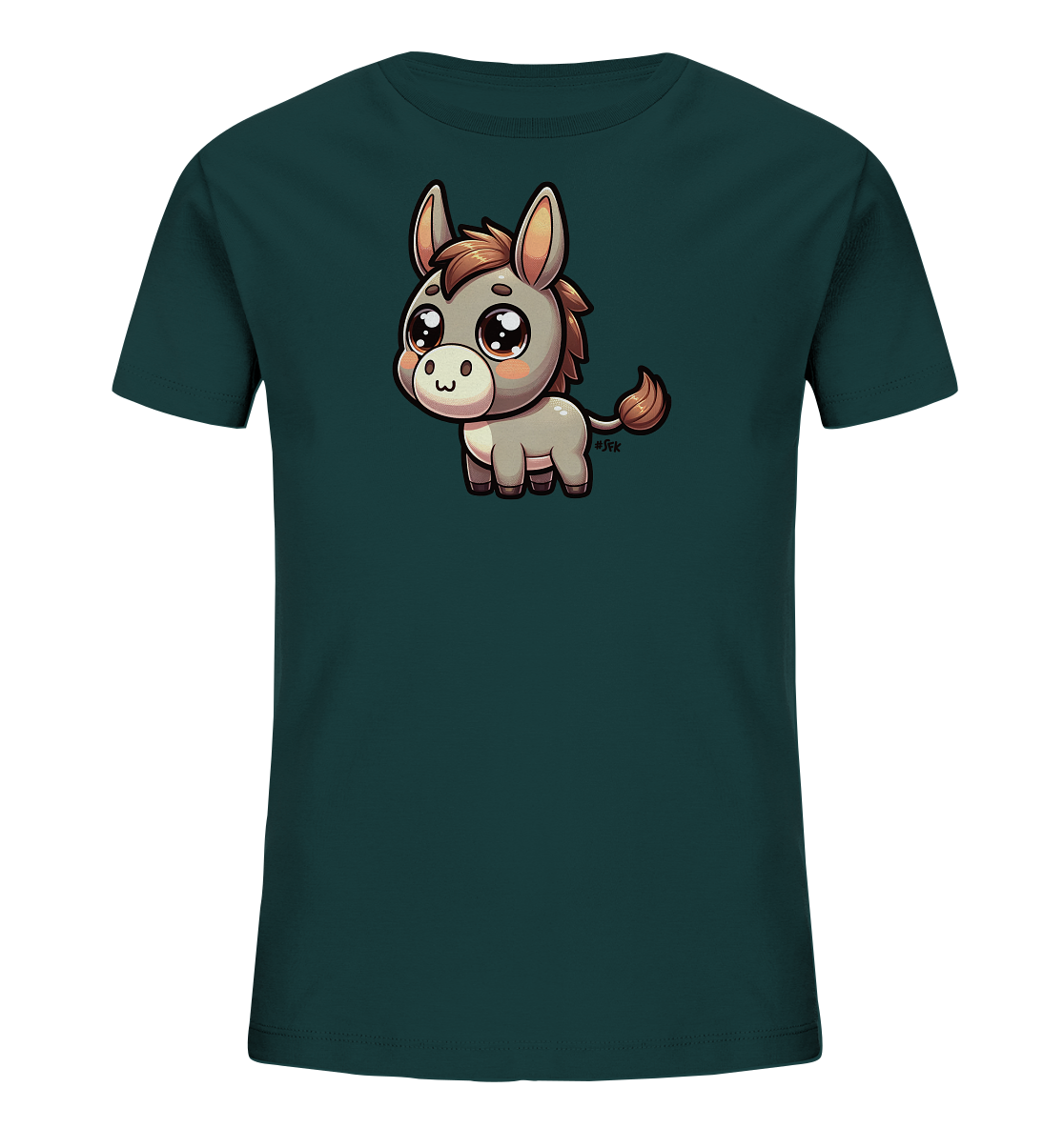 Onlineshop Shirts fuer Kinder - Das Bild zeigt ein dunkelgruenes T-Shirt fuer Kinder mit einer niedlichen Comic-Illustration auf der Vorderseite. Die Illustration stellt einen kleinen Esel dar, der freundlich aussieht und grosse, glaenzende Augen hat. Der Esel hat hellgraues Fell, eine braune Maehne und einen braunen Schweif. Dieses Design verleiht dem Shirt einen verspielten und kinderfreundlichen Look.