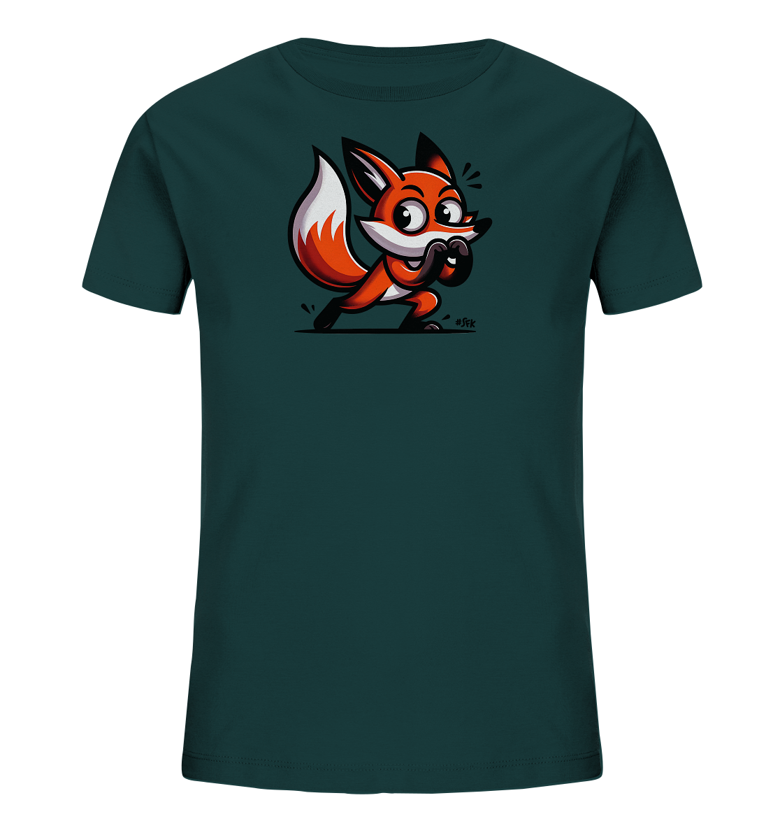 Onlineshop Shirts fuer Kinder - Dieses dunkelgruene Kinder-T-Shirt zeigt eine auffaellige Grafik eines cartoonhaften Fuchses auf der Vorderseite. Der orange-weisse Fuchs ist in einer dynamischen Pose dargestellt und scheint ueberrascht oder neugierig zu sein, mit grossen Augen und Haenden vor dem Mund. Die Illustration ist detailreich und verleiht dem Shirt einen lebendigen Charakter, ideal fuer kleine Abenteurer.