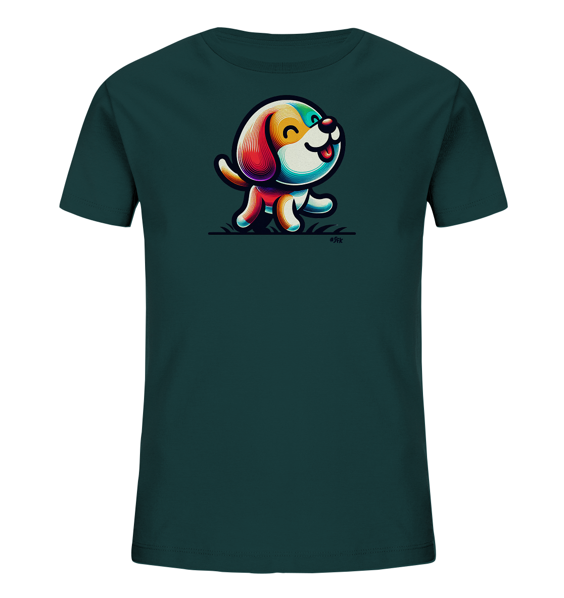 Onlineshop Shirts fuer Kinder - Das Bild zeigt ein dunkelgruenes T-Shirt fuer Kinder. Auf der Vorderseite befindet sich eine farbenfrohe Cartoon-Illustration eines froehlichen Hundes. Der Hund ist beim Gehen dargestellt und hat die Zunge herausgestreckt. Unter dem Hund ist eine einfache, stilisierte Grasgrafik zu sehen.