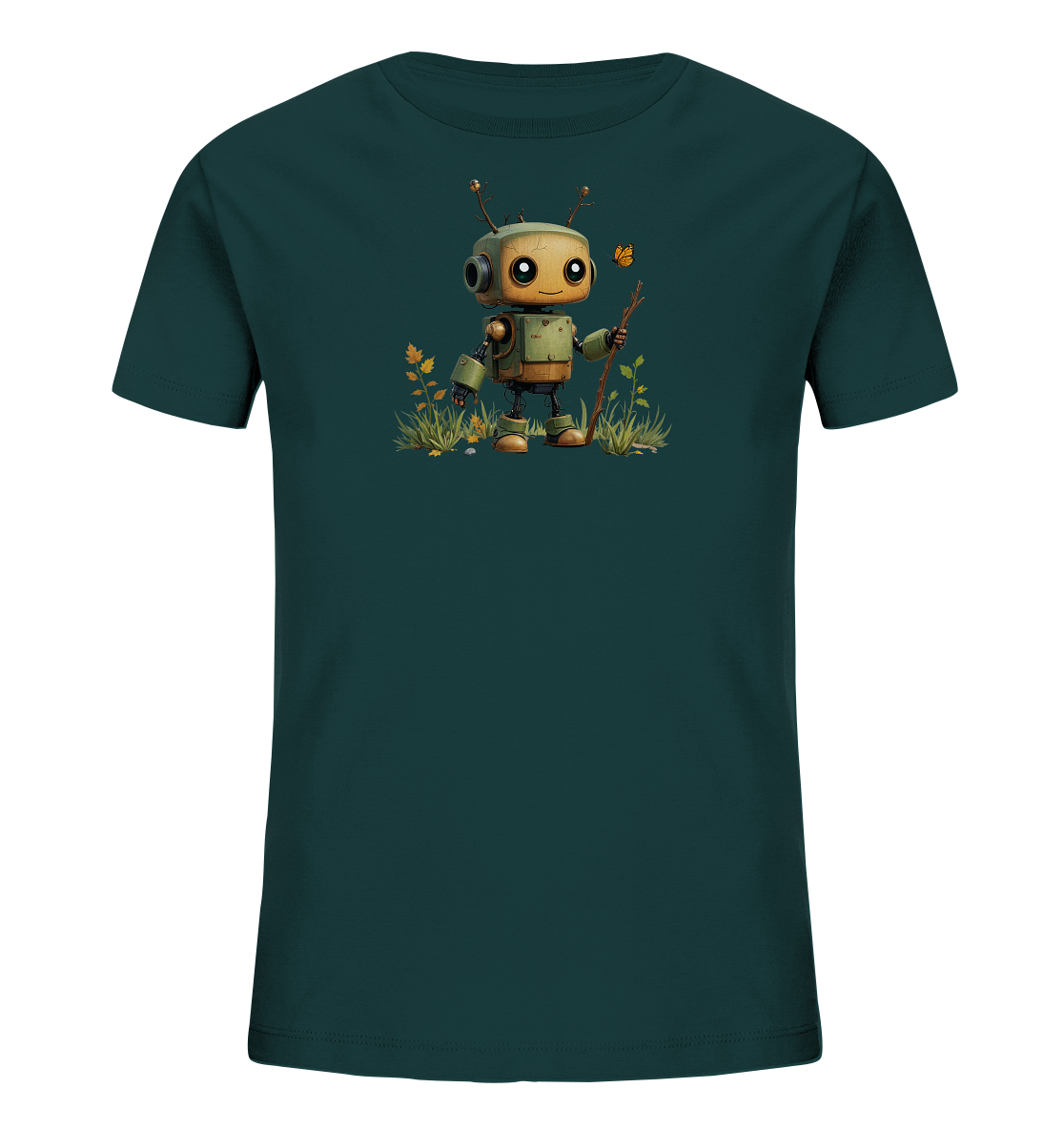 Onlineshop Shirts für Kinder - Das Bild zeigt ein dunkelgrünes T-Shirt für Kinder mit einer Illustration auf der Vorderseite. Die Illustration stellt einen kleinen, niedlichen Roboter dar, der in einer Wiese steht und einen Ast in der Hand hält. Um den Roboter herum befinden sich Gräser, kleine Felsen und einige gelbe Blätter oder Blüten. Ein kleiner orangefarbener Schmetterling fliegt neben dem Roboter, was dem Motiv eine fröhliche und naturverbundene Szene verleiht.