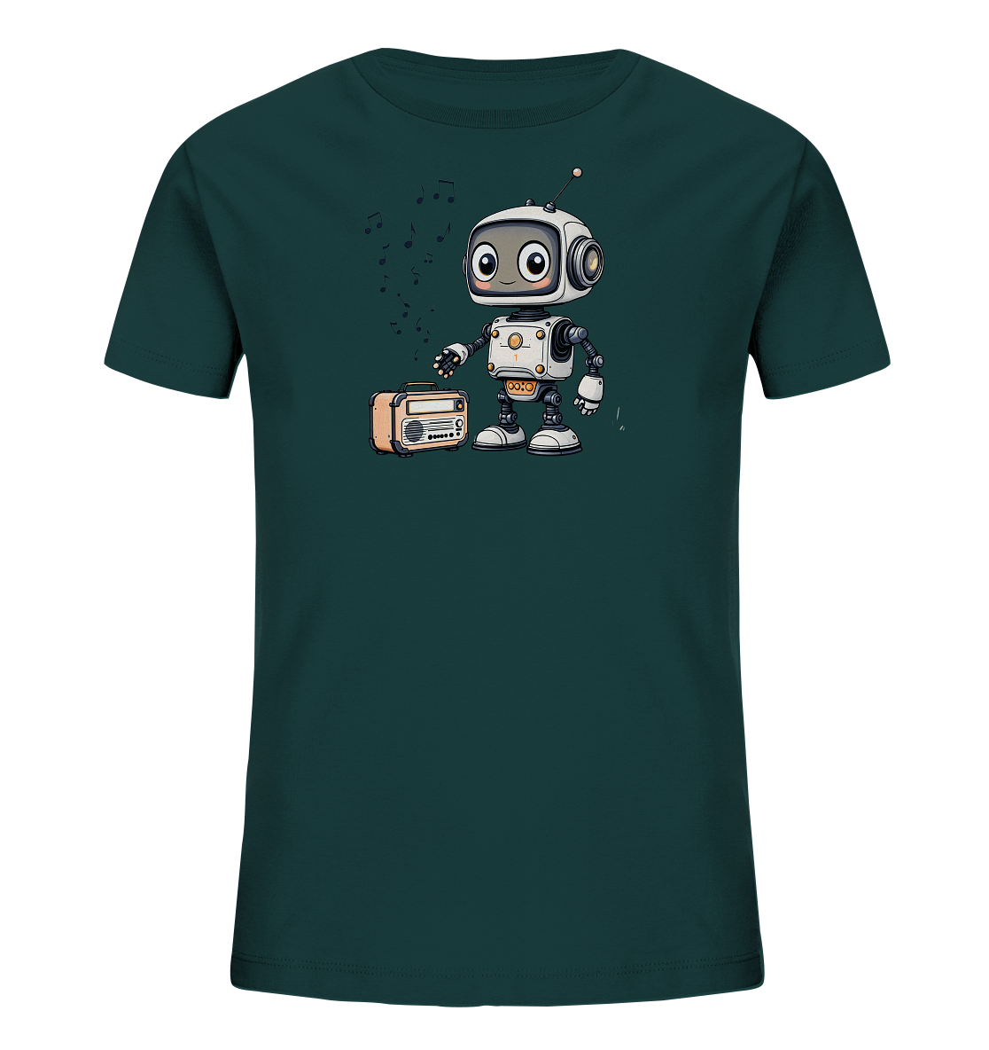 Onlineshop Shirts für Kinder - Das Bild zeigt ein Kinder-T-Shirt in einem dunklen Petrolgrün. Auf der Vorderseite ist eine niedliche Illustration eines kleinen Roboters abgebildet. Der Roboter, mit großen Augen und einer Antenne, steht neben einem orange-beigen Retro-Radio. Aus dem Radio steigen Musiknoten auf, was dem Motiv eine fröhliche und musikalische Stimmung verleiht.