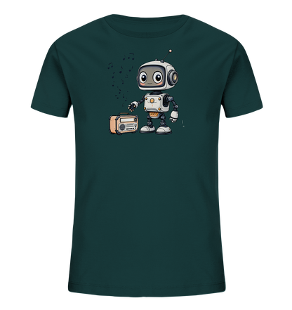Onlineshop Shirts für Kinder - Das Bild zeigt ein Kinder-T-Shirt in einem dunklen Petrolgrün. Auf der Vorderseite ist eine niedliche Illustration eines kleinen Roboters abgebildet. Der Roboter, mit großen Augen und einer Antenne, steht neben einem orange-beigen Retro-Radio. Aus dem Radio steigen Musiknoten auf, was dem Motiv eine fröhliche und musikalische Stimmung verleiht.