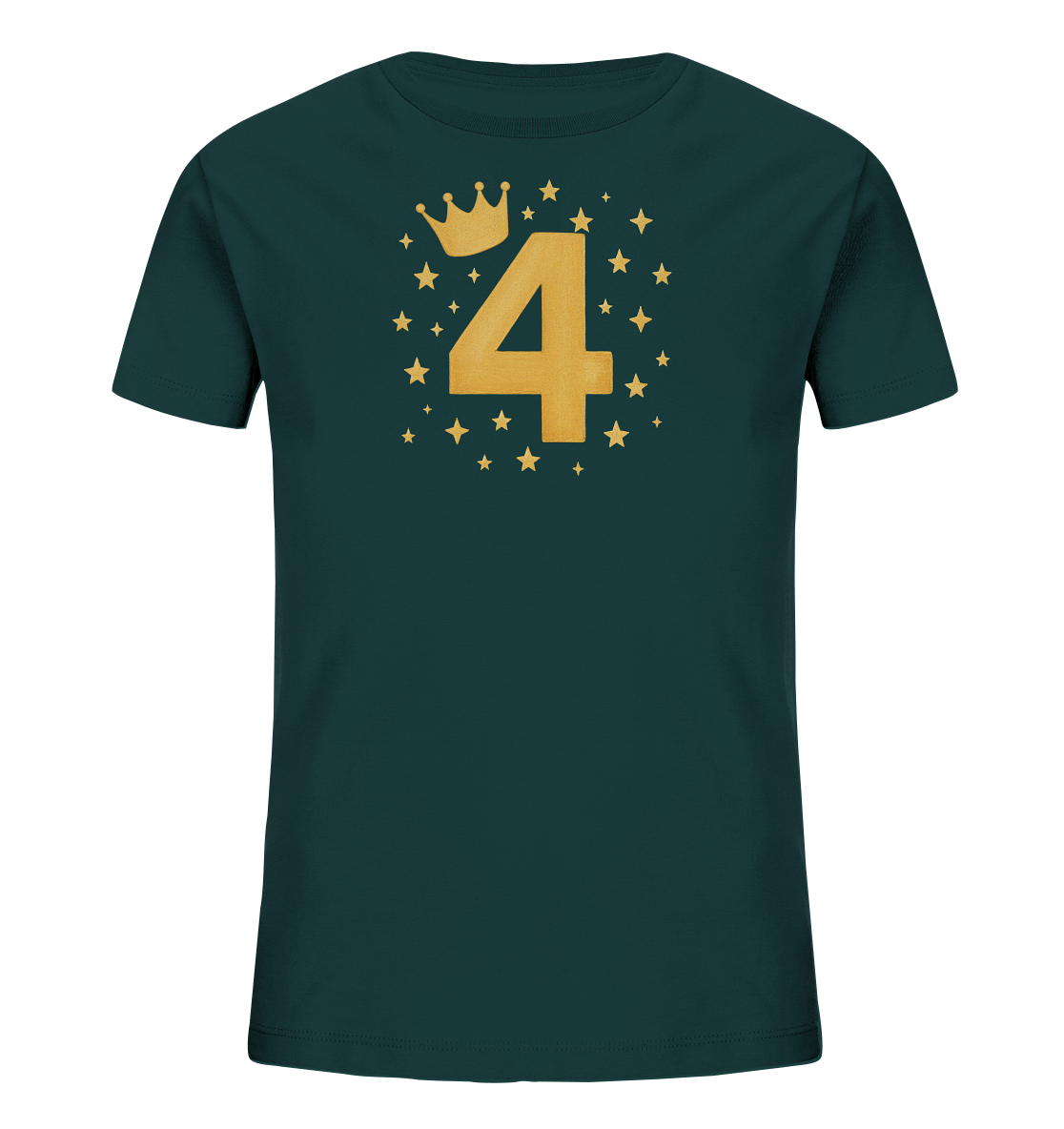 Onlineshop Shirts fuer Kinder - Ein dunkelgruenes Kinder-T-Shirt mit einem auffaelligen goldenen Druck auf der Vorderseite. Das Motiv zeigt die grosse Zahl Vier, gekroent von einer kleinen Krone. Eine Vielzahl von goldenen Sternen umgibt das Design. Das Gesamtbild ist festlich und ansprechend.