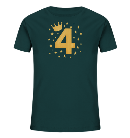 Onlineshop Shirts fuer Kinder - Ein dunkelgruenes Kinder-T-Shirt mit einem auffaelligen goldenen Druck auf der Vorderseite. Das Motiv zeigt die grosse Zahl Vier, gekroent von einer kleinen Krone. Eine Vielzahl von goldenen Sternen umgibt das Design. Das Gesamtbild ist festlich und ansprechend.