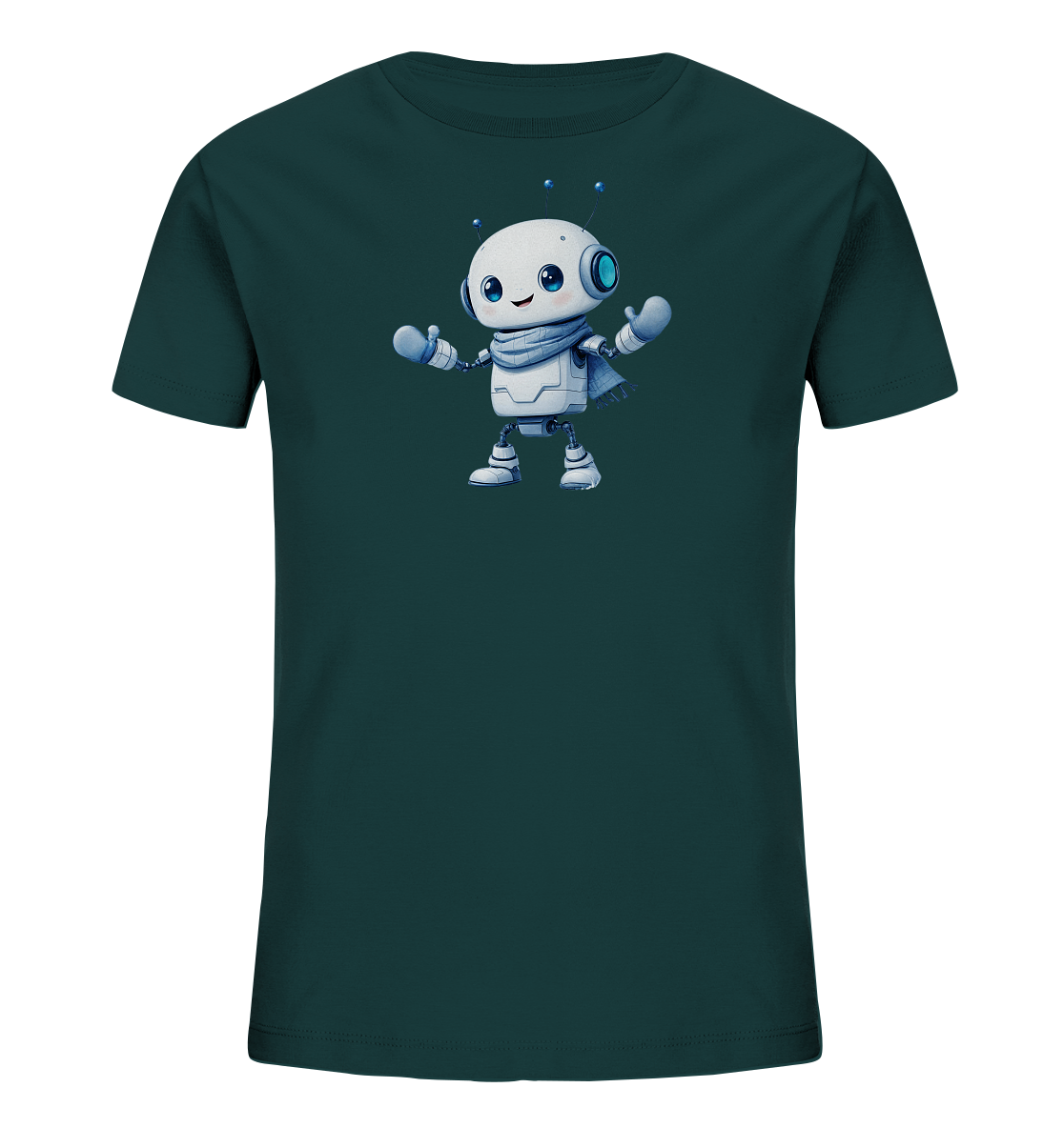 Onlineshop Shirts für Kinder - Das Bild zeigt ein Kinder-T-Shirt in einem dunklen Petrol- oder Grünton. Auf der Vorderseite des Shirts ist eine freundliche Illustration eines weißen Roboters zu sehen. Der Roboter trägt einen hellblauen Schal, hat blaue Augen und Antennen. Er steht aufrecht und scheint die Arme leicht zu heben, was dem Design einen ansprechenden und verspielten Charakter verleiht.