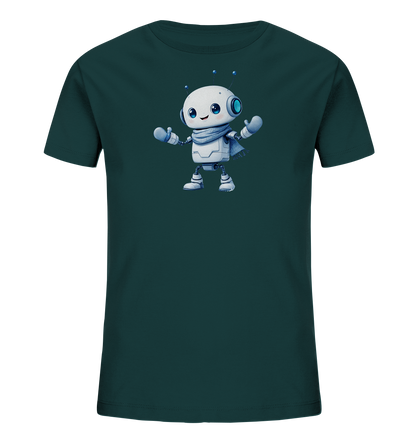 Onlineshop Shirts für Kinder - Das Bild zeigt ein Kinder-T-Shirt in einem dunklen Petrol- oder Grünton. Auf der Vorderseite des Shirts ist eine freundliche Illustration eines weißen Roboters zu sehen. Der Roboter trägt einen hellblauen Schal, hat blaue Augen und Antennen. Er steht aufrecht und scheint die Arme leicht zu heben, was dem Design einen ansprechenden und verspielten Charakter verleiht.