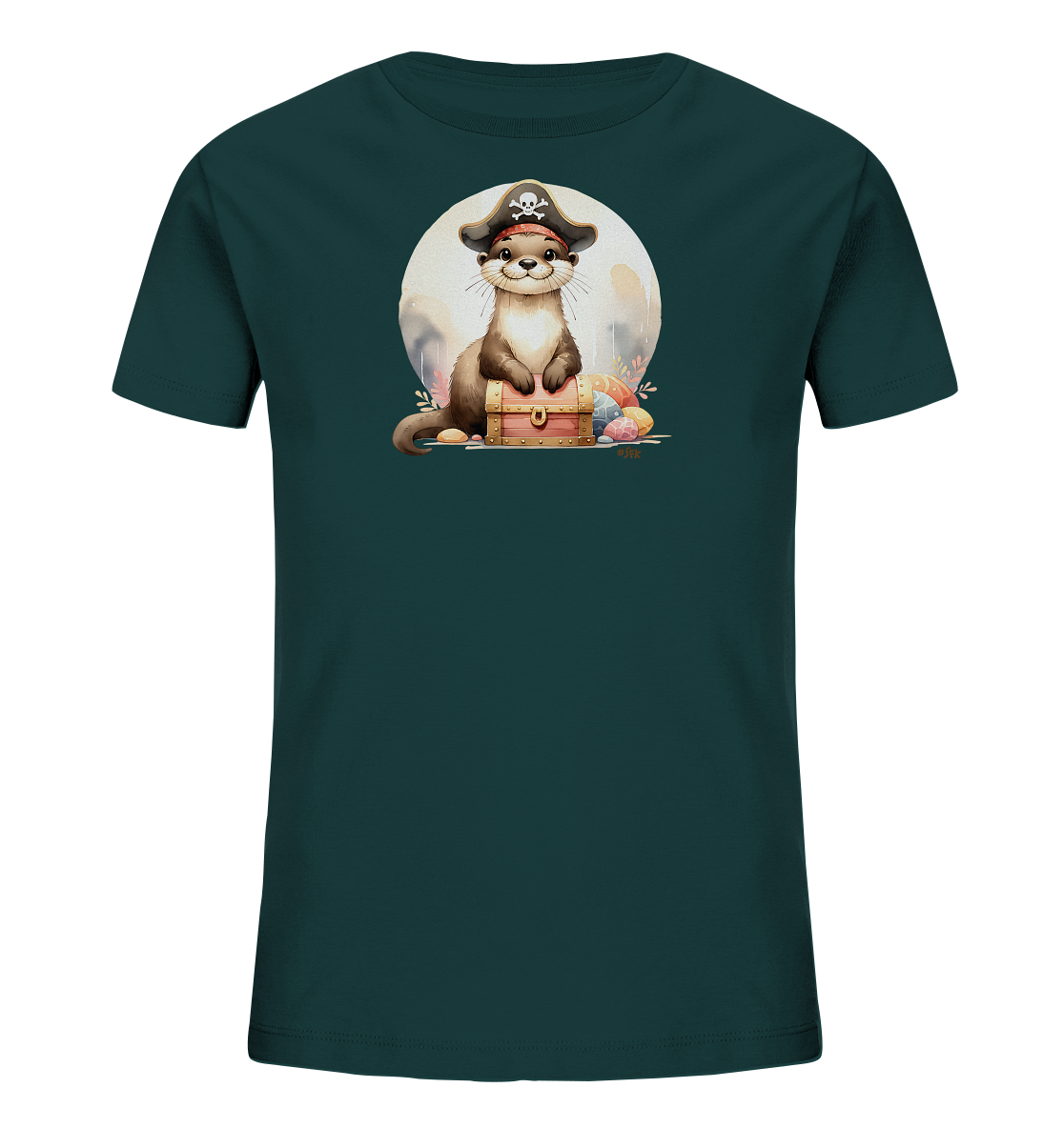 Onlineshop Shirts fuer Kinder - Das Bild zeigt ein dunkelgruenes T-Shirt fuer Kinder mit einem niedlichen Otter. Der Otter traegt einen Piratenhut und sitzt auf einer Schatzkiste, umgeben von bunten Eiern und floralen Elementen. Ein grosser heller Kreis bildet den Hintergrund. Das Design wirkt verspielt und thematisch.