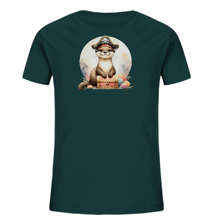 Onlineshop Shirts fuer Kinder - Das Bild zeigt ein dunkelgruenes T-Shirt fuer Kinder mit einem niedlichen Otter. Der Otter traegt einen Piratenhut und sitzt auf einer Schatzkiste, umgeben von bunten Eiern und floralen Elementen. Ein grosser heller Kreis bildet den Hintergrund. Das Design wirkt verspielt und thematisch.