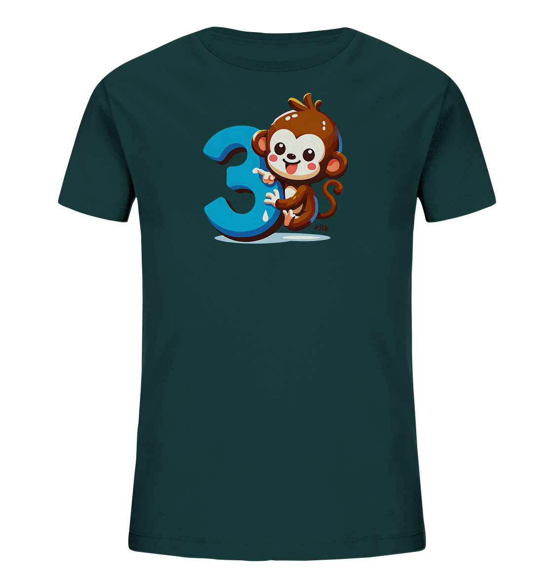 Onlineshop Shirts fuer Kinder - Das Bild zeigt ein dunkelpetrolfarbenes Kinder-T-Shirt mit einem froehlichen Motiv auf der Vorderseite. Ein brauner Cartoon-Affe sitzt neben einer grossen, blauen Zahl Drei und zeigt darauf. Der Affe laechelt freundlich und hat grosse Augen. Dieses verspielte Design ist ideal fuer Kinder.