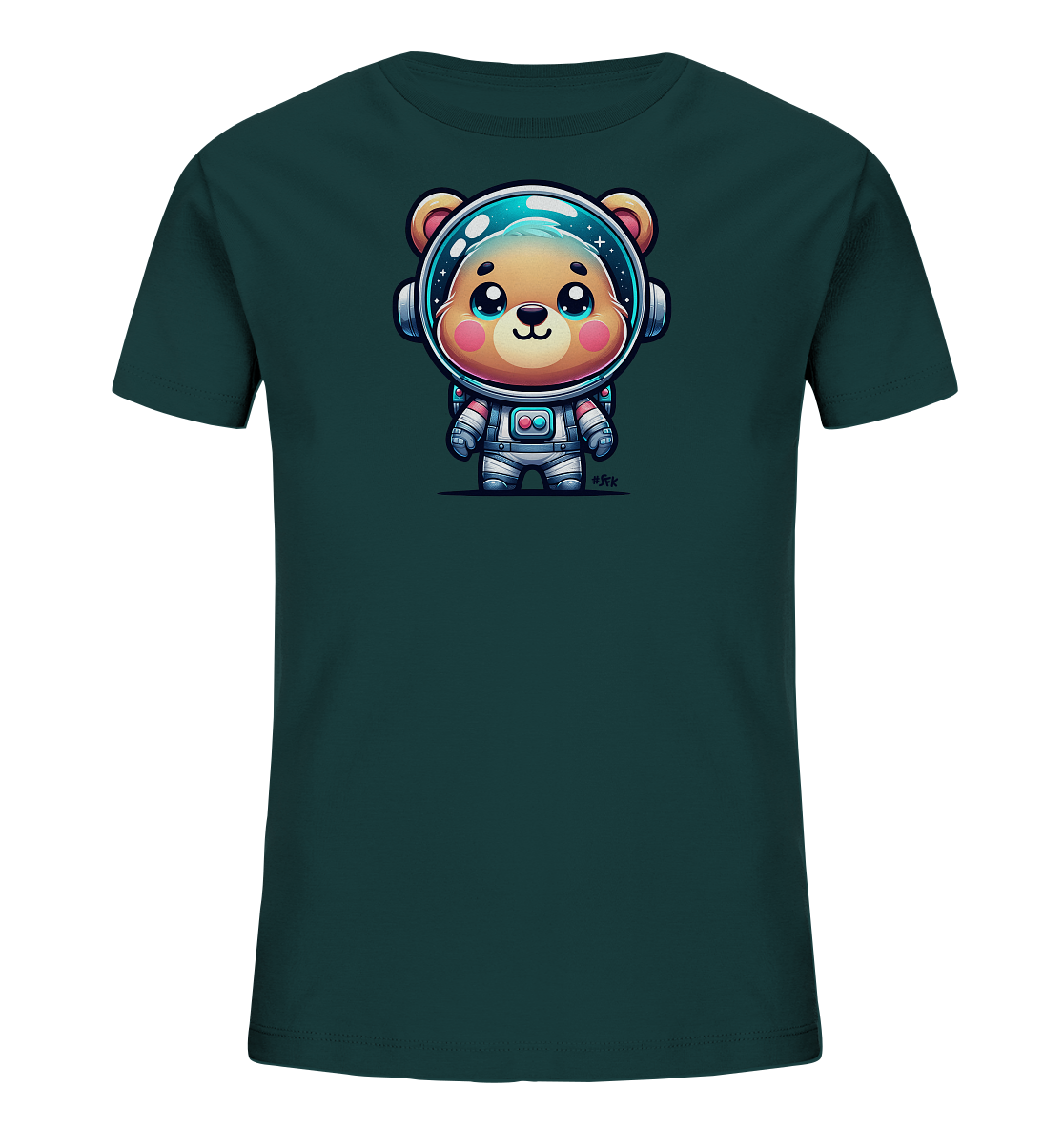 Onlineshop Shirts fuer Kinder - Das dunkelgruene T-Shirt ziert eine niedliche Grafik eines Baeren in einem Astronautenanzug. Der cartoonhafte Baer hat ein freundliches Gesicht und traegt einen silbernen Anzug sowie einen Helm mit einem spiegelnden Visier, das Sterne reflektiert. Dieses fantasievolle Motiv ist auf der Vorderseite des Shirts platziert und spricht junge Weltraum-Enthusiasten an.
