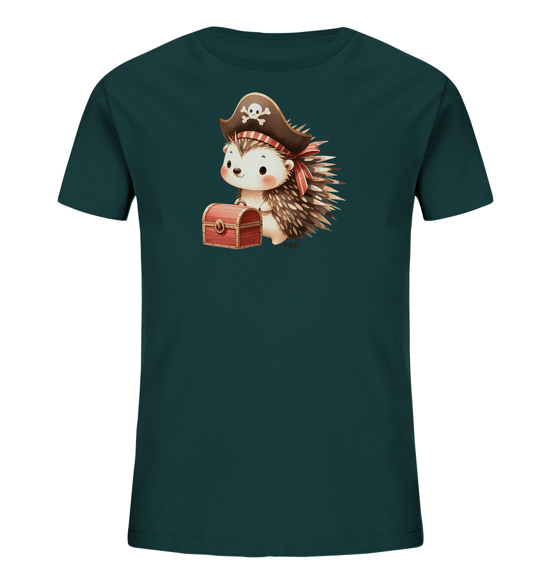 Onlineshop Shirts fuer Kinder - Das dunkelgruene Kinder-T-Shirt zeigt einen niedlichen Igel im Piratenkostuem. Der Igel traegt einen Hut mit Totenkopf und haelt eine kleine Schatztruhe. Das Design ist detailreich und farbenfroh.