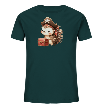 Onlineshop Shirts fuer Kinder - Das dunkelgruene Kinder-T-Shirt zeigt einen niedlichen Igel im Piratenkostuem. Der Igel traegt einen Hut mit Totenkopf und haelt eine kleine Schatztruhe. Das Design ist detailreich und farbenfroh.