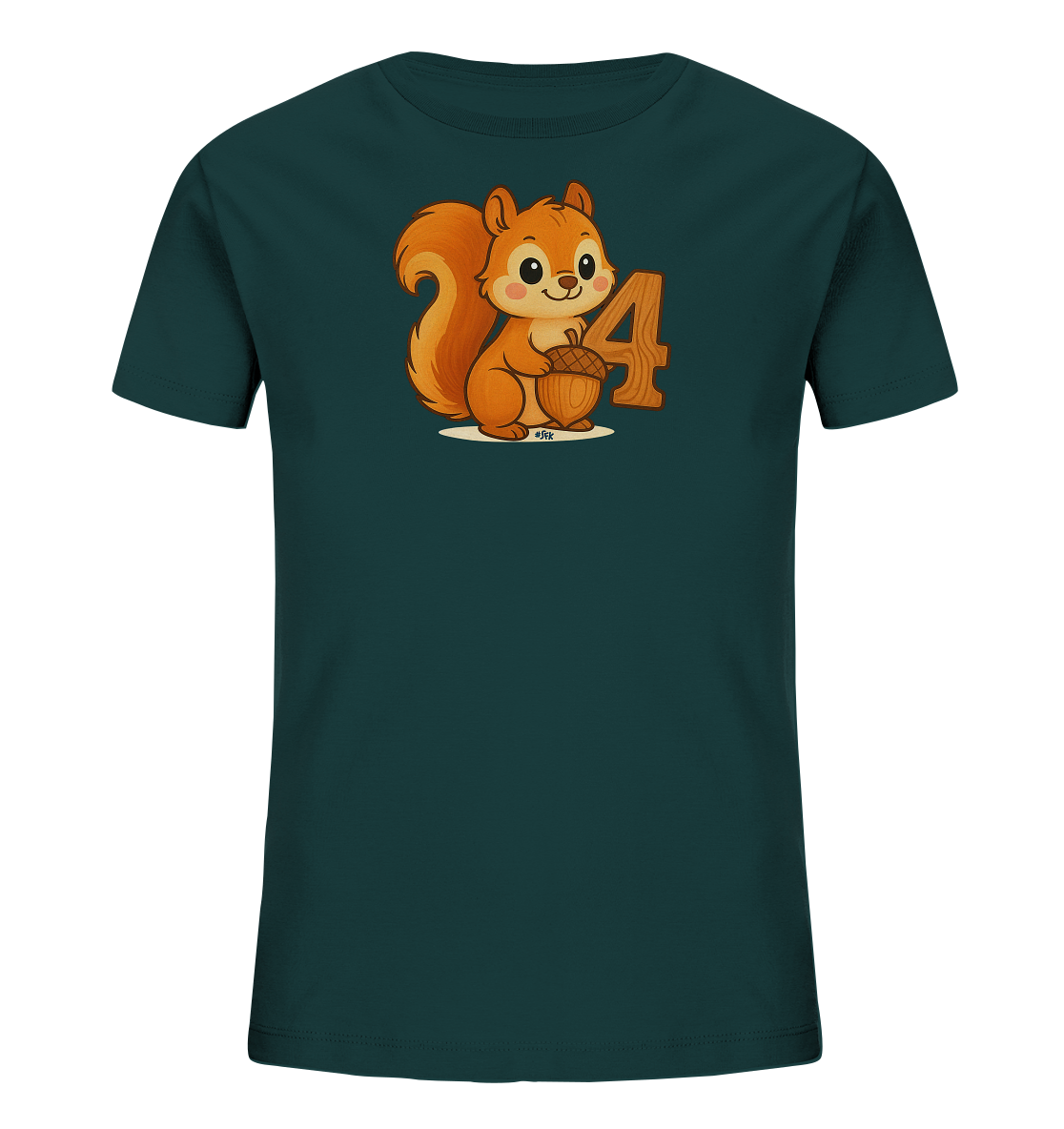 Onlineshop Shirts fuer Kinder - Das Bild zeigt ein dunkelgruenes T-Shirt fuer Kinder. Auf der Vorderseite befindet sich eine niedliche Cartoon-Illustration eines Eichhoernchens, das eine Eichel haelt. Neben dem Eichhoernchen ist die Zahl 4 gross und in einem holzartigen Stil dargestellt. Das Motiv wirkt freundlich und eignet sich gut fuer kleine Kinder.