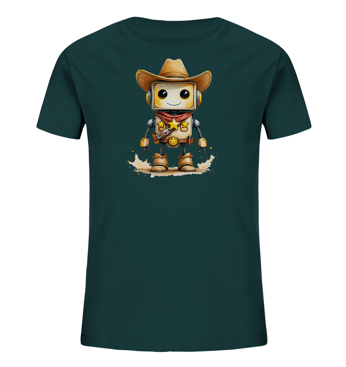 Onlineshop Shirts für Kinder - Das Bild zeigt ein Kindert-Shirt in einem dunklen Petrol-Farbton. Auf der Vorderseite ist eine niedliche, cartoonhafte Illustration eines Roboters im Western-Stil zu sehen. Der Roboter trägt einen Cowboyhut, ein rotes Halstuch mit Sternen, Sheriffsterne auf der Brust und Cowboystiefel. Er hat ein freundliches Gesicht auf einem Bildschirm und steht auf einem sandähnlichen Untergrund, umgeben von Spritzern.