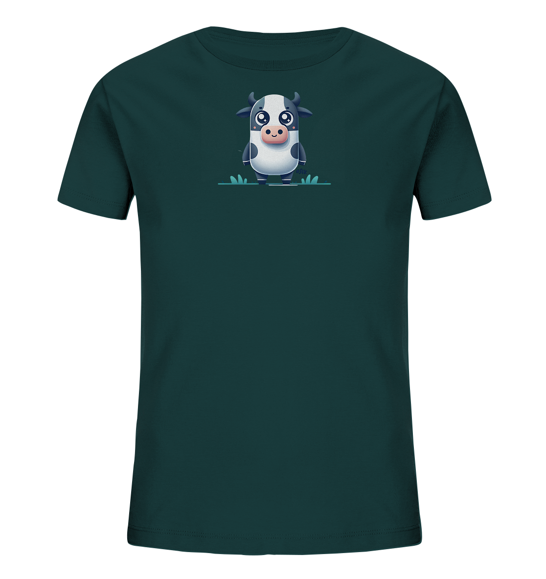 Onlineshop Shirts fuer Kinder - Das Bild zeigt ein dunkelgruenes Kinder-T-Shirt mit einem niedlichen Aufdruck. In der Mitte der Vorderseite ist eine kleine, cartoonhafte Kuh in Schwarz-Weiss abgebildet, die auf stilisiertem gruenen Gras steht. Die Kuh hat grosse, ausdrucksvolle Augen und ein freundliches Aussehen. Das einfache, aber ansprechende Design eignet sich gut fuer Kinderkleidung.