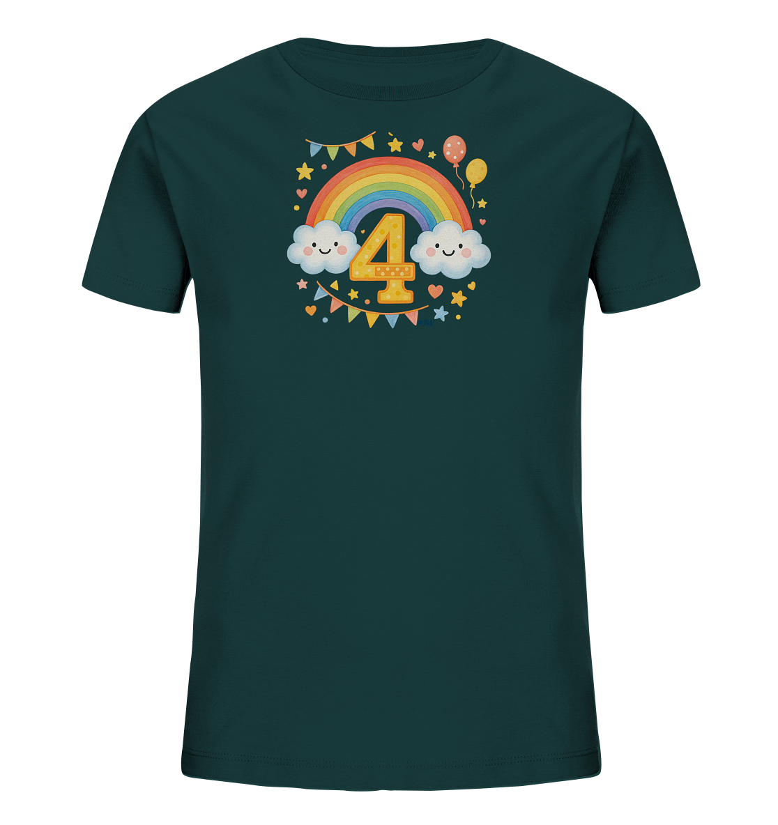 Onlineshop Shirts fuer Kinder - Das T-Shirt in einem dunklen Tuerkis zeigt ein froehliches Geburtstagsmotiv. Im Zentrum steht eine grosse, goldene Zahl '4' vor einem bunten Regenbogen. Links und rechts davon laecheln zwei Wolken, umgeben von Sternen und Herzen. Bunte Ballons und eine Girlande runden das festliche Design ab.