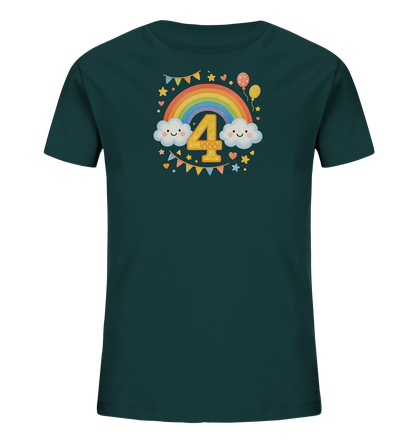Onlineshop Shirts fuer Kinder - Das T-Shirt in einem dunklen Tuerkis zeigt ein froehliches Geburtstagsmotiv. Im Zentrum steht eine grosse, goldene Zahl '4' vor einem bunten Regenbogen. Links und rechts davon laecheln zwei Wolken, umgeben von Sternen und Herzen. Bunte Ballons und eine Girlande runden das festliche Design ab.