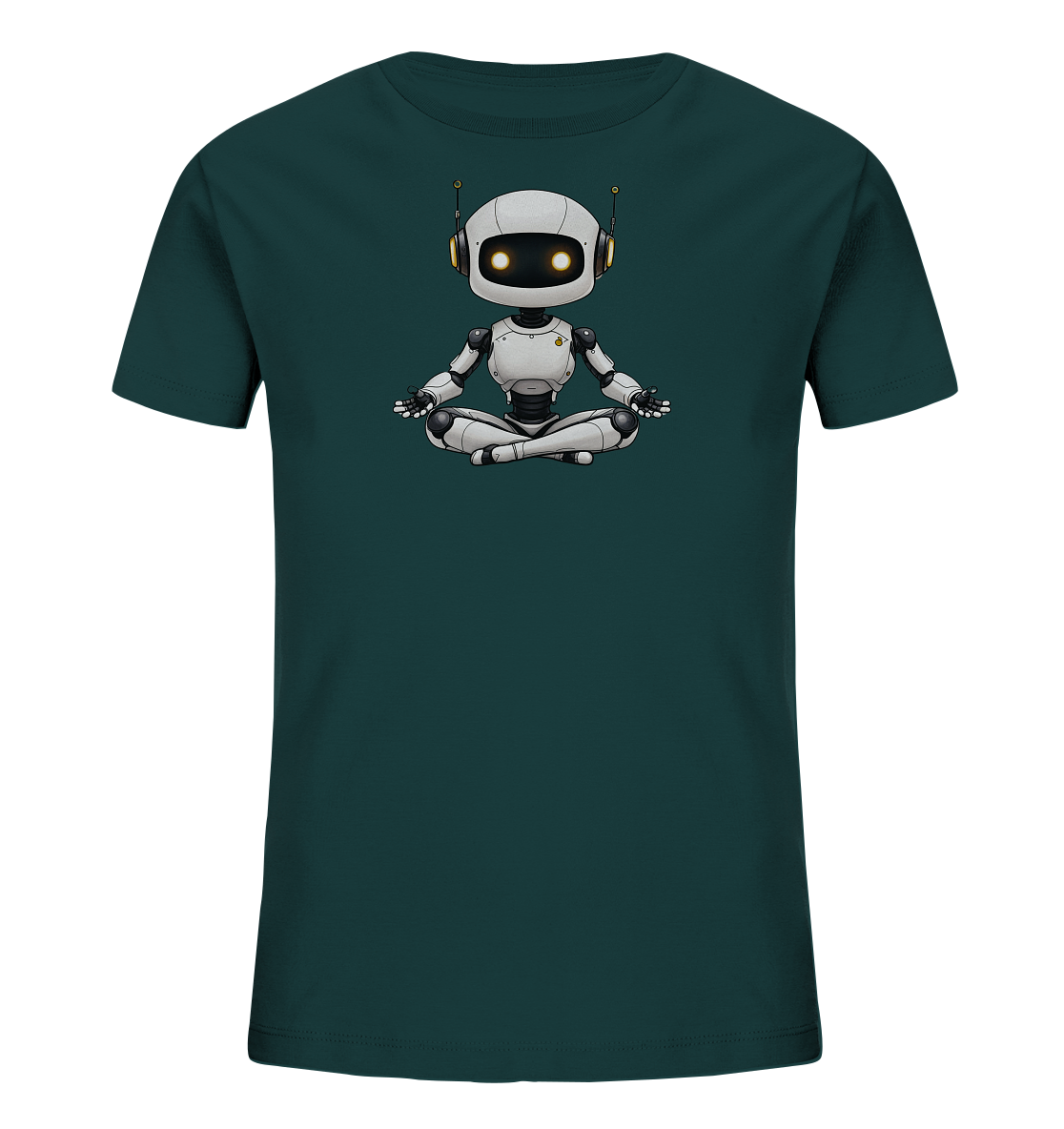 Onlineshop Shirts für Kinder - Das Bild zeigt ein dunkelgrünes T-Shirt für Kinder, auf dessen Vorderseite ein Comic-Stil Roboter abgebildet ist. Der Roboter sitzt in einer Meditationshaltung mit überkreuzten Beinen. Er ist überwiegend weiß und grau dargestellt und hat große, gelb leuchtende Augen sowie gelbe Antennen an Kopfhörern. Die Illustration des Roboters ist zentral auf der Brust des Shirts platziert.