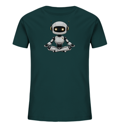 Onlineshop Shirts für Kinder - Das Bild zeigt ein dunkelgrünes T-Shirt für Kinder, auf dessen Vorderseite ein Comic-Stil Roboter abgebildet ist. Der Roboter sitzt in einer Meditationshaltung mit überkreuzten Beinen. Er ist überwiegend weiß und grau dargestellt und hat große, gelb leuchtende Augen sowie gelbe Antennen an Kopfhörern. Die Illustration des Roboters ist zentral auf der Brust des Shirts platziert.