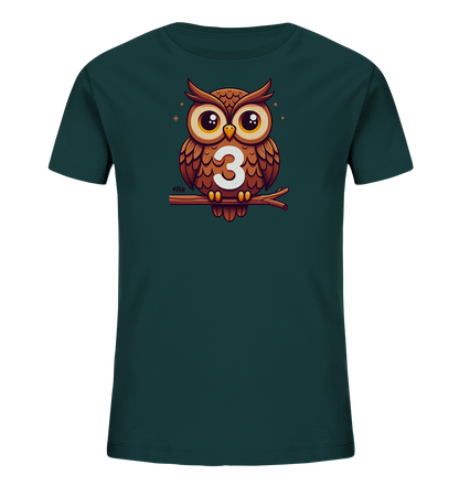 Kinder T-Shirt mit Cartoon-Eule auf Ast, großen Augen und Zahl 3