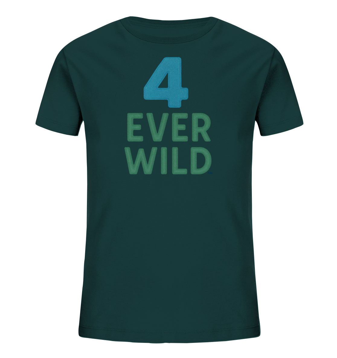 Onlineshop Shirts fuer Kinder - Das Bild zeigt ein dunkelgruenes T-Shirt fuer Kinder. Auf der Vorderseite ist zentral eine grosse, blau-tuerkise Ziffer '4' platziert. Darunter steht der Text "EVER WILD" in gruener Farbe. Das Design wirkt schlicht und thematisch an Natur oder Abenteuer angelehnt.