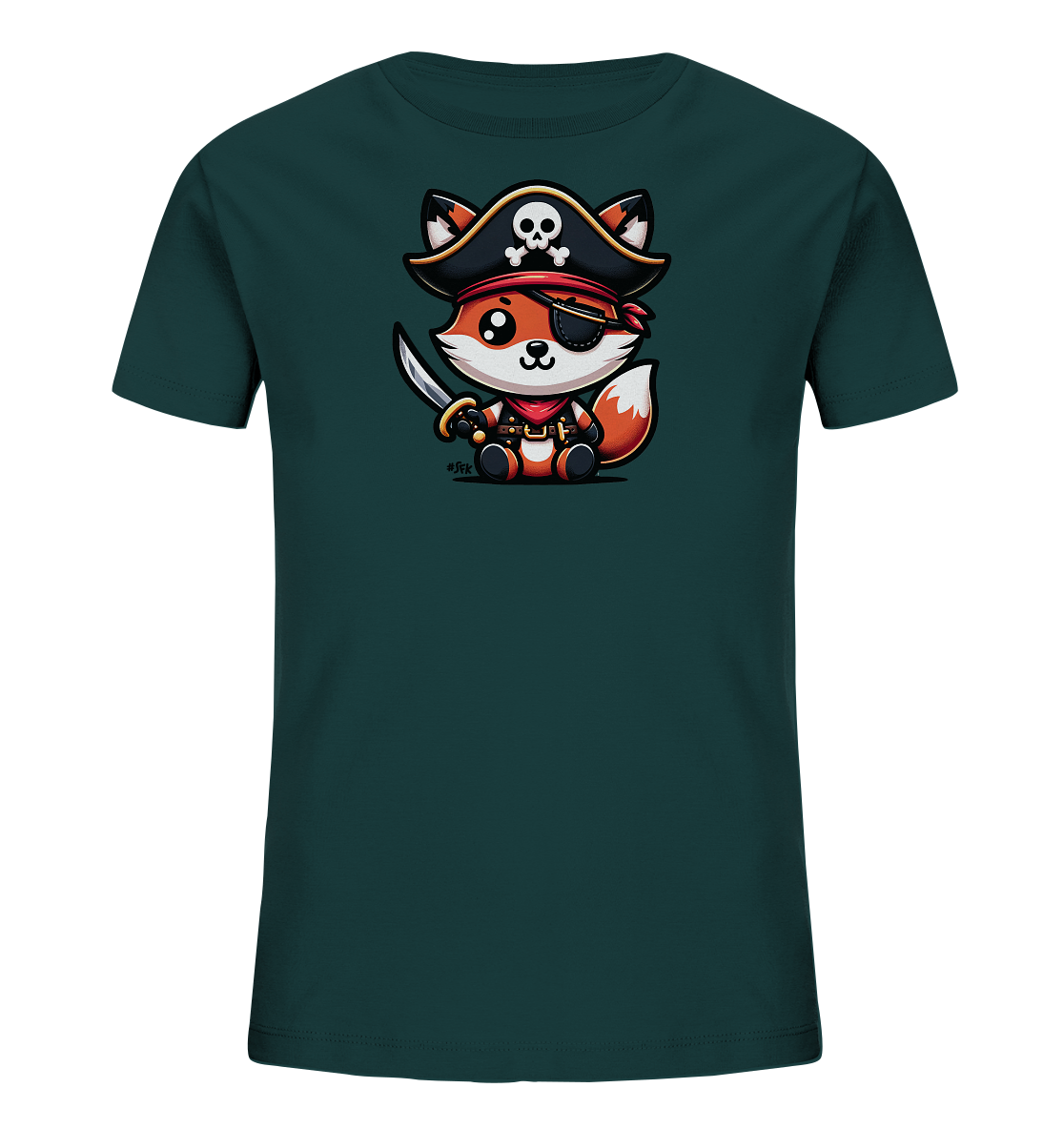 Onlineshop Shirts fuer Kinder - Das Bild zeigt ein dunkles, petrolfarbenes T-Shirt fuer Kinder. Auf der Vorderseite ist ein suesser Cartoon-Fuchs abgebildet, der als Pirat verkleidet ist. Der Fuchs traegt einen Piratenhut mit Totenkopf, eine Augenklappe und haelt ein Schwert. Dieses Motiv verleiht dem Shirt einen abenteuerlichen Look.