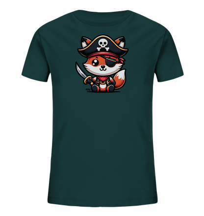 Onlineshop Shirts fuer Kinder - Das Bild zeigt ein dunkles, petrolfarbenes T-Shirt fuer Kinder. Auf der Vorderseite ist ein suesser Cartoon-Fuchs abgebildet, der als Pirat verkleidet ist. Der Fuchs traegt einen Piratenhut mit Totenkopf, eine Augenklappe und haelt ein Schwert. Dieses Motiv verleiht dem Shirt einen abenteuerlichen Look.