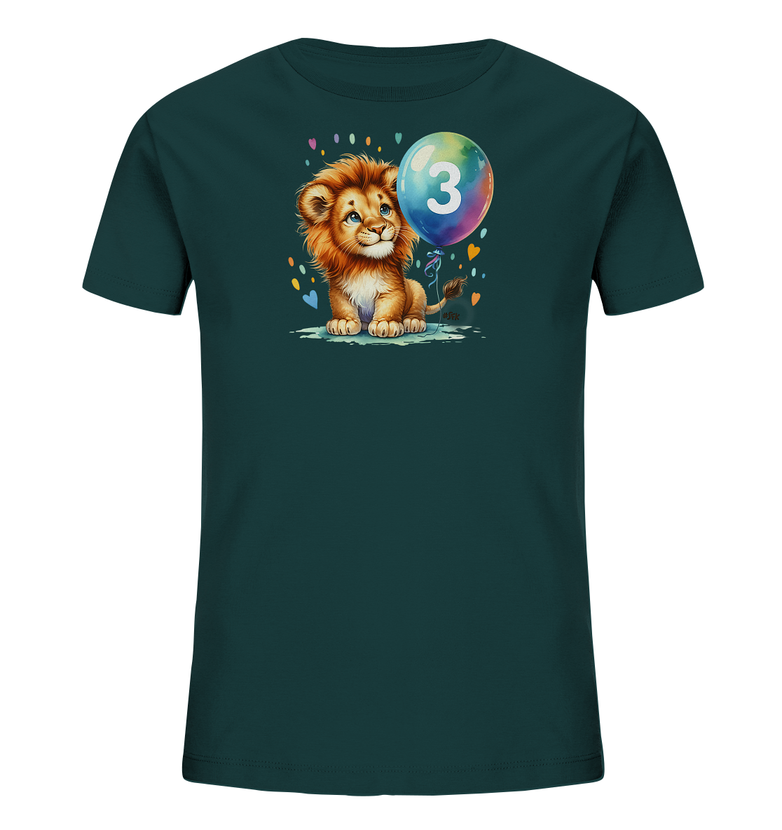 Onlineshop Shirts fuer Kinder - Das Bild zeigt ein dunkelgruenes T-Shirt mit einem niedlichen Cartoon-Loewen auf der Vorderseite. Der kleine Loewe sitzt neben einem bunten Ballon. Auf dem Ballon ist die Zahl '3' zu sehen. Kleine bunte Herzen und Punkte umgeben das Motiv und verleihen dem Design einen froehlichen Geburtstag-Touch.