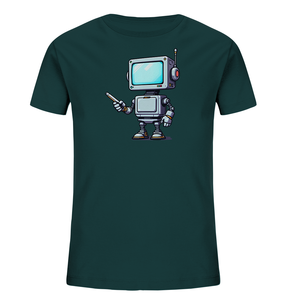 Onlineshop Shirts für Kinder - Das Bild zeigt ein dunkelgrünblaues T-Shirt für Kinder. Auf der Vorderseite befindet sich eine detaillierte und bunte Cartoon-Illustration eines Roboters. Der Roboter hat einen rechteckigen Kopf, der an einen alten Fernseher erinnert, und hält einen Zeigestock in seiner Hand. Das Design umfasst verschiedene Grautöne, Silber, Rot und einen leuchtenden blauen Bildschirm, was dem Shirt ein technisches und zugleich kinderfreundliches Aussehen verleiht.