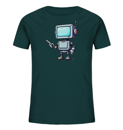 Onlineshop Shirts für Kinder - Das Bild zeigt ein dunkelgrünblaues T-Shirt für Kinder. Auf der Vorderseite befindet sich eine detaillierte und bunte Cartoon-Illustration eines Roboters. Der Roboter hat einen rechteckigen Kopf, der an einen alten Fernseher erinnert, und hält einen Zeigestock in seiner Hand. Das Design umfasst verschiedene Grautöne, Silber, Rot und einen leuchtenden blauen Bildschirm, was dem Shirt ein technisches und zugleich kinderfreundliches Aussehen verleiht.