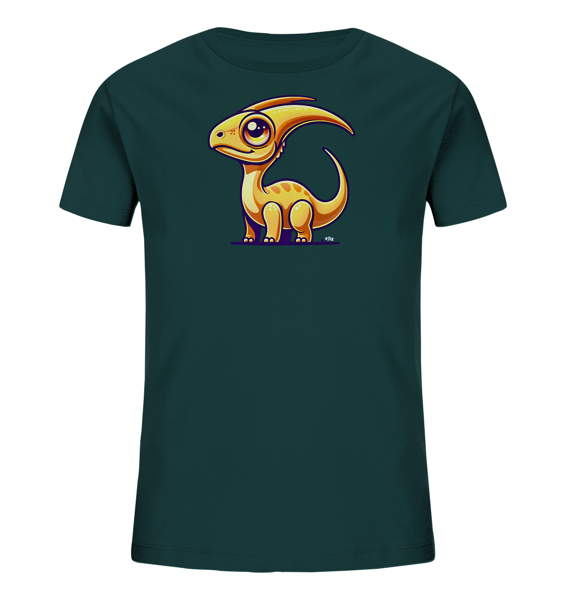 Onlineshop Shirts fuer Kinder - Das Bild zeigt ein dunkelgruenes Kinder-T-Shirt mit einem verspielten Cartoon-Dinosaurier. Der kleine Saurier ist orange-gelb, hat einen markanten Kopfkamm und grosse, freundliche Augen. Er steht aufrecht und blickt zur Seite, das Design wirkt kindgerecht und froehlich.