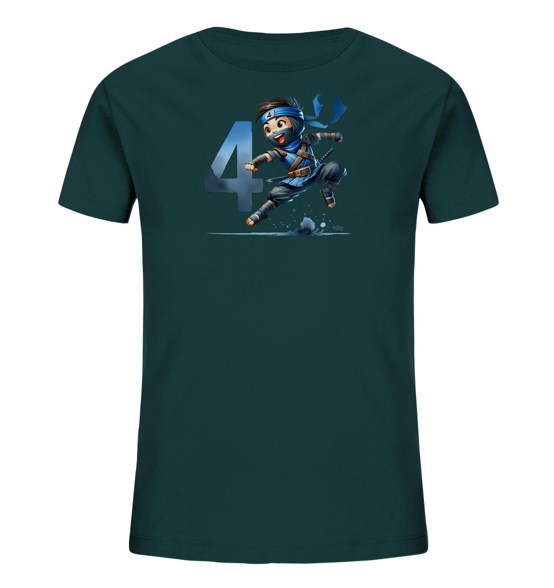 Onlineshop Shirts fuer Kinder - Das dunkelgruene Kinder-T-Shirt zeigt eine Illustration eines springenden Comic-Ninjas. Der Ninja ist in blauer und grauer Kleidung dargestellt. Eine grosse, schattierte Zahl Vier ist im Hintergrund sichtbar und vervollstaendigt das Motiv. Das Design hat einen dynamischen und verspielten Charakter.