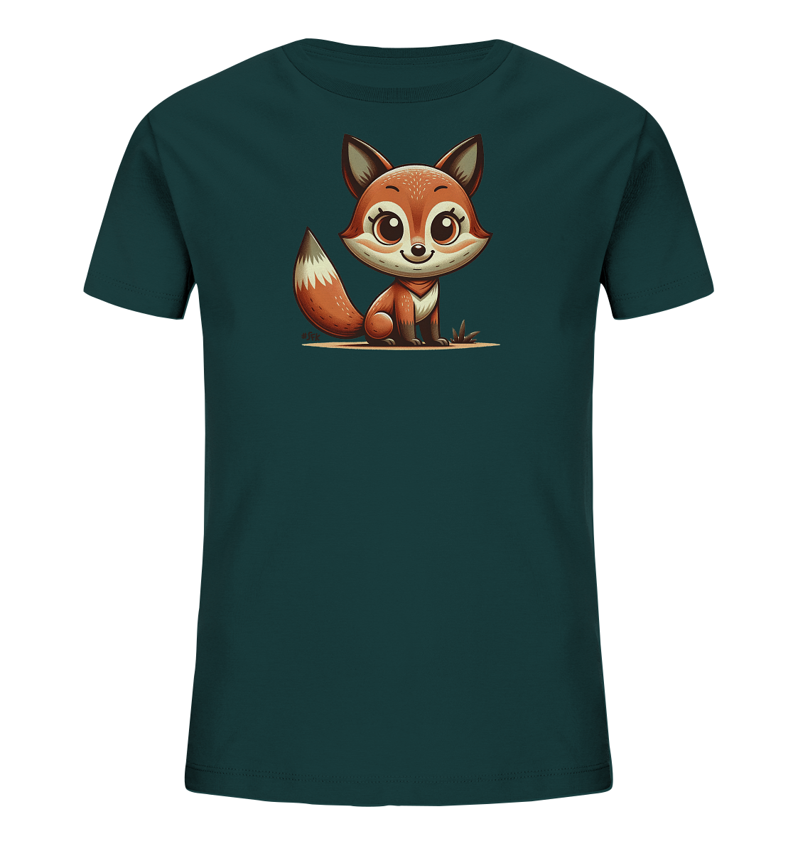 Onlineshop Shirts fuer Kinder - Das Bild zeigt ein petrolfarbenes Kinder-T-Shirt mit einem niedlichen, cartoonhaften Fuchs auf der Vorderseite. Der Fuchs sitzt aufrecht mit grossen, freundlichen Augen und einem buschigen Schwanz. Die Illustration platziert den Fuchs auf einem hellbraunen Untergrund mit kleinen Grashalmen, was dem Motiv einen natuerlichen Touch verleiht. Dieses T-Shirt besticht durch sein liebevolles Design.
