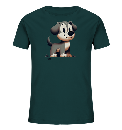 Onlineshop Shirts fuer Kinder - Das Bild zeigt ein dunkelgruenes Kinder-T-Shirt mit einem suessen Cartoon-Hund auf der Vorderseite. Der Hund ist grau und beige, sitzt aufrecht und laechelt freundlich. Die Illustration ist einfach und ansprechend fuer Kinder.