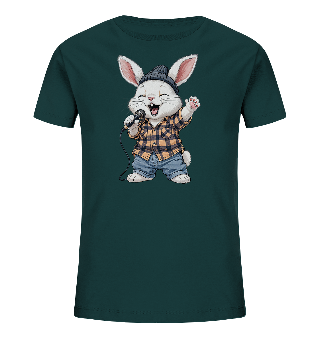 Onlineshop Shirts fuer Kinder - Das Bild zeigt ein dunkelgruenes T-Shirt mit einem niedlichen Cartoon-Hase als Motiv. Der Hase traegt eine karierte Bluse, Jeans-Shorts und eine dunkle Strickmuetze. Er haelt ein Mikrofon und singt mit einem froehlichen Gesichtsausdruck, wobei seine Augen geschlossen und eine Pfote erhoben sind. Das gesamte Design wirkt verspielt und musikalisch.