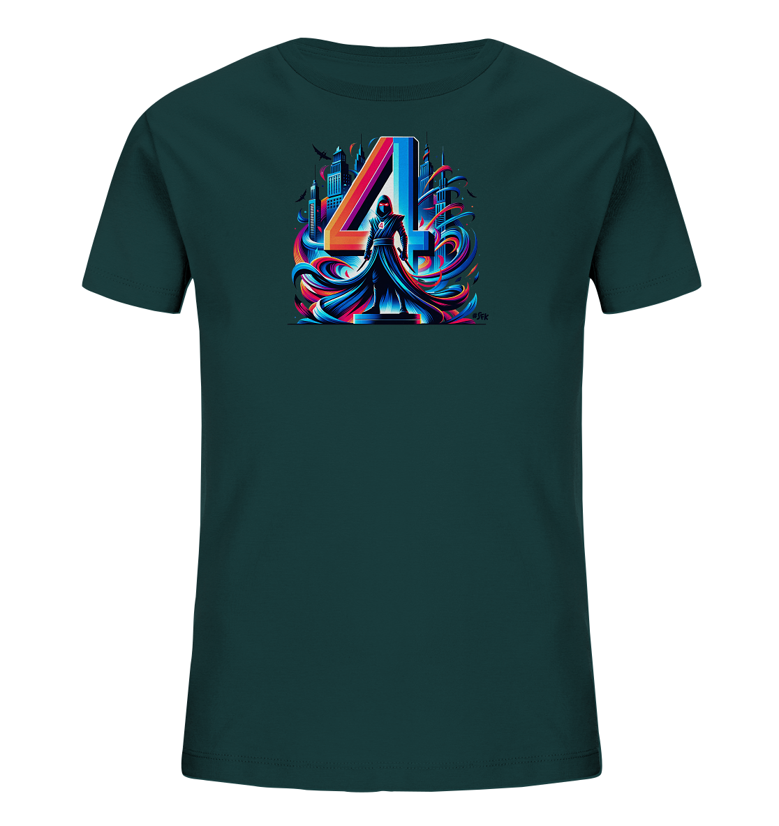 Onlineshop Shirts fuer Kinder - Das Bild zeigt ein dunkelgruenes Kinder T-Shirt mit einem auffaelligen, modernen Aufdruck. Zentral steht die Zahl '4', umgeben von dynamischen, mehrfarbigen Strudeln und einer stilisierten Figur. Im Hintergrund ist eine angedeutete Stadtsilhouette mit fliegenden Voegeln zu sehen. Das Design ist energiegeladen und farbenfroh.