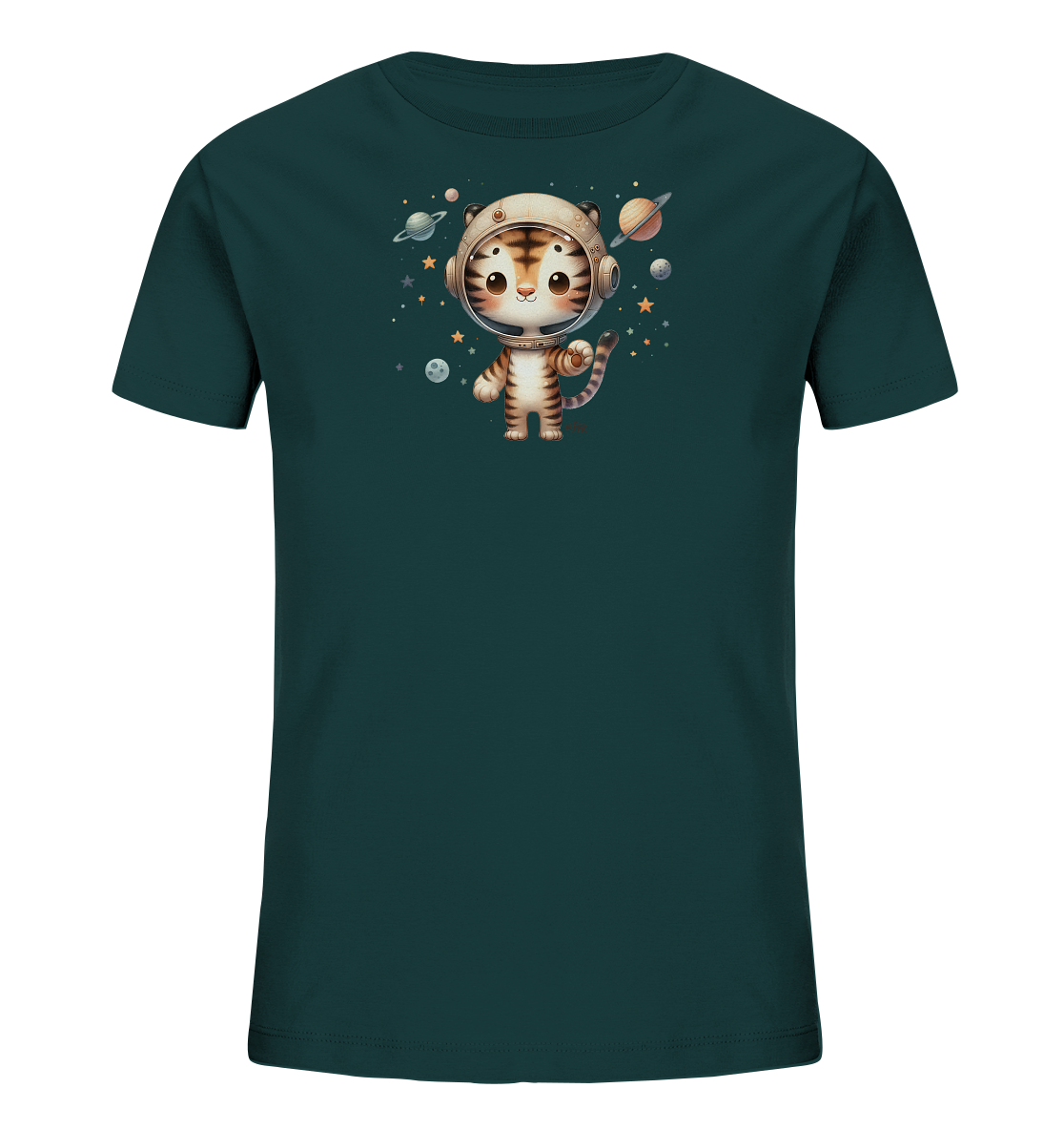 Onlineshop Shirts fuer Kinder - Das Bild zeigt ein dunkelgruenes Kinder-T-Shirt mit einem niedlichen Astronauten-Motiv. Ein cartoonhafter Tiger traegt einen Weltraumhelm und ist von Planeten, Sternen und Monden umgeben. Das Design ist verspielt und hat ein Weltraumthema, ideal fuer kleine Entdecker.
