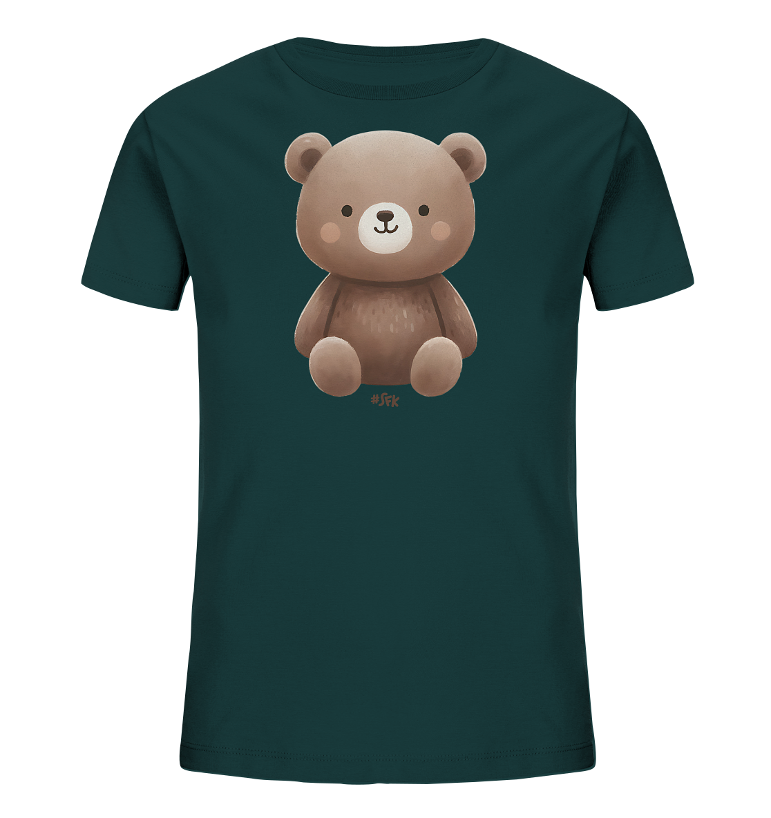 Onlineshop Shirts fuer Kinder - Das Bild zeigt ein dunkelgruenes T-Shirt mit einem charmanten Teddybaer-Motiv auf der Vorderseite. Der braune Teddybaer ist detailliert illustriert, sitzt aufrecht und hat ein freundliches Laecheln mit rosigen Wangen. Dieses ansprechende Motiv verleiht dem Shirt einen niedlichen und verspielten Look.