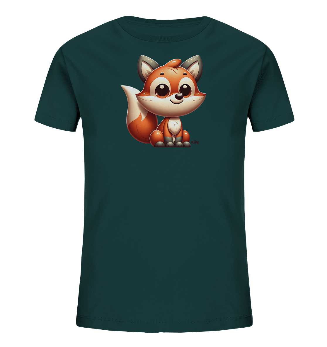 Onlineshop Shirts fuer Kinder - Das Bild zeigt ein dunkelgruenes T-Shirt fuer Kinder mit einer niedlichen Illustration eines Fuchses auf der Vorderseite. Der Fuchs ist im Comic-Stil gezeichnet, hat grosse Augen und sitzt freundlich laechelnd da. Das Design ist schlicht und fokussiert auf das Tiermotiv, das in warmen Orange- und Weisstoenen gehalten ist.