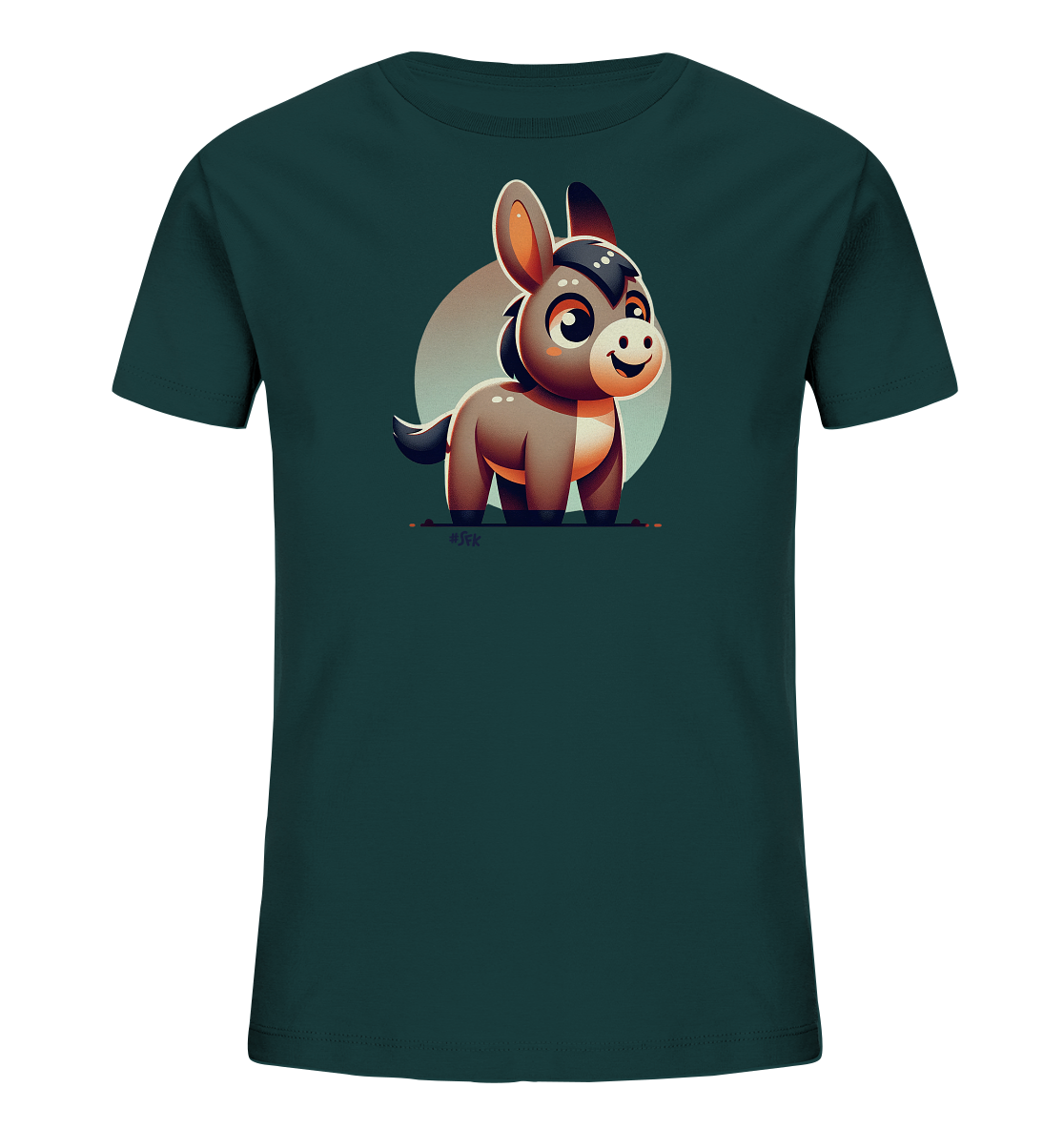 Onlineshop Shirts fuer Kinder - Das Bild zeigt ein dunkelgruenes Kinder-T-Shirt mit einem suessen Aufdruck auf der Vorderseite. Der Druck stellt einen freundlich laechelnden Cartoon-Esel dar. Der Esel in Brauntoenen steht vor einem hellen Kreis. Das Design ist farbenfroh und verspielt gestaltet.