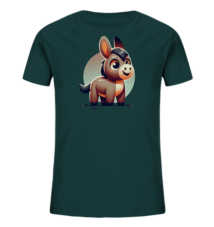 Onlineshop Shirts fuer Kinder - Das Bild zeigt ein dunkelgruenes Kinder-T-Shirt mit einem suessen Aufdruck auf der Vorderseite. Der Druck stellt einen freundlich laechelnden Cartoon-Esel dar. Der Esel in Brauntoenen steht vor einem hellen Kreis. Das Design ist farbenfroh und verspielt gestaltet.