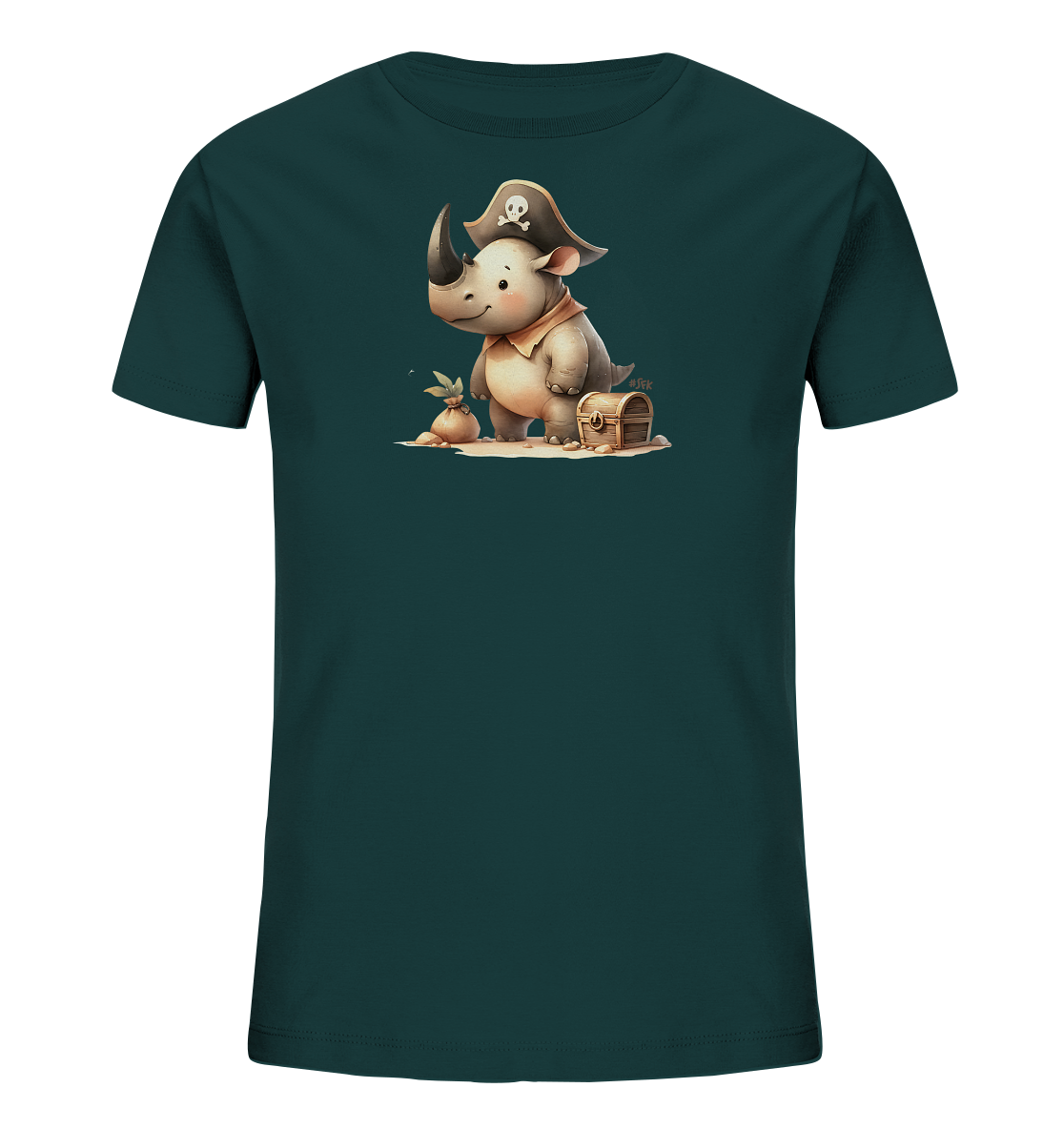 Onlineshop Shirts fuer Kinder - Das Bild zeigt ein dunkelgruenes T-Shirt mit einem charmanten Druck. Das Motiv zeigt ein cartoonhaftes Nashorn, das als Pirat verkleidet ist und einen Hut mit Totenkopf traegt. Es steht auf sandigem Untergrund neben einer kleinen Schatzkiste und einem Sack. Das Design wirkt verspielt und detailreich.