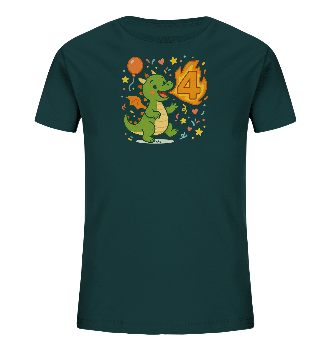 Onlineshop Shirts fuer Kinder - Das Bild zeigt ein dunkelgruenes T-Shirt fuer Kinder mit einem froehlichen Motiv. Ein kleiner, gruener Cartoon-Drache ist abgebildet, der Feuer in Form der Zahl '4' spuckt. Um ihn herum fliegen bunte Sterne, Herzen und Konfetti sowie ein Ballon, was eine feierliche Atmosphaere vermittelt. Das Design wirkt verspielt und ist ideal fuer Anlaesse wie einen vierten Geburtstag.