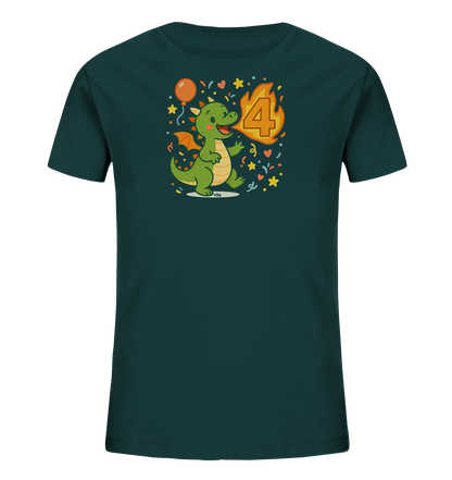Onlineshop Shirts fuer Kinder - Das Bild zeigt ein dunkelgruenes T-Shirt fuer Kinder mit einem froehlichen Motiv. Ein kleiner, gruener Cartoon-Drache ist abgebildet, der Feuer in Form der Zahl '4' spuckt. Um ihn herum fliegen bunte Sterne, Herzen und Konfetti sowie ein Ballon, was eine feierliche Atmosphaere vermittelt. Das Design wirkt verspielt und ist ideal fuer Anlaesse wie einen vierten Geburtstag.