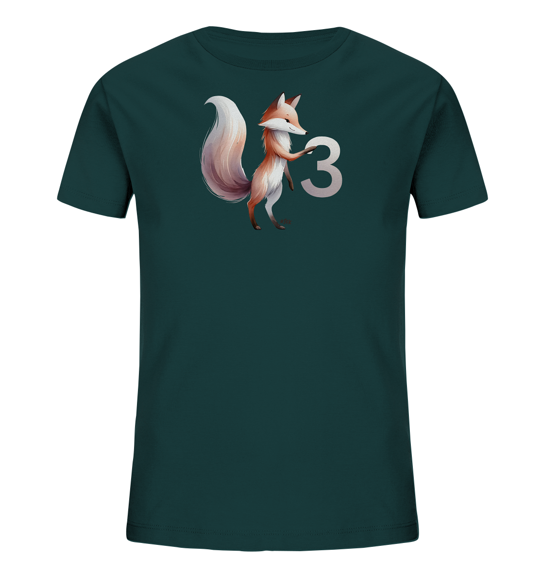 Onlineshop Shirts fuer Kinder - Dieses Bild praesentiert ein dunkelgruenes T-Shirt mit einer charmanten Illustration auf der Vorderseite. Das Motiv zeigt einen stehenden Fuchs mit einem buschigen Schwanz neben einer grossen, stilisierten Zahl '3'. Der freundliche Fuchs hat eine Pfote auf der Ziffer. Die Grafik ist in warmen Farbtoenen gehalten und sticht vom dunklen Stoff ab.