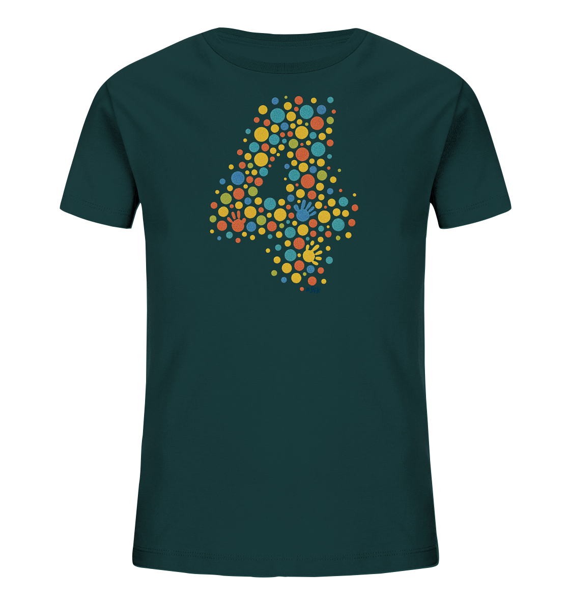 Onlineshop Shirts fuer Kinder - Das Bild zeigt ein dunkelgruenes T-Shirt fuer Kinder. Auf der Vorderseite ist eine grosse "4" abgebildet, die aus vielen kleinen, bunten Punkten und Handabdruecken gebildet wird. Die Elemente des Designs sind in verschiedenen Farben wie Gelb, Rot, Orange und Blau gehalten. Das Motiv wirkt sehr lebendig und farbenfroh, ideal fuer einen spielerischen Look.
