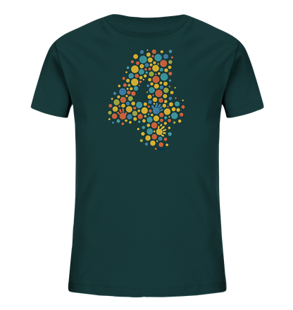 Onlineshop Shirts fuer Kinder - Das Bild zeigt ein dunkelgruenes T-Shirt fuer Kinder. Auf der Vorderseite ist eine grosse "4" abgebildet, die aus vielen kleinen, bunten Punkten und Handabdruecken gebildet wird. Die Elemente des Designs sind in verschiedenen Farben wie Gelb, Rot, Orange und Blau gehalten. Das Motiv wirkt sehr lebendig und farbenfroh, ideal fuer einen spielerischen Look.
