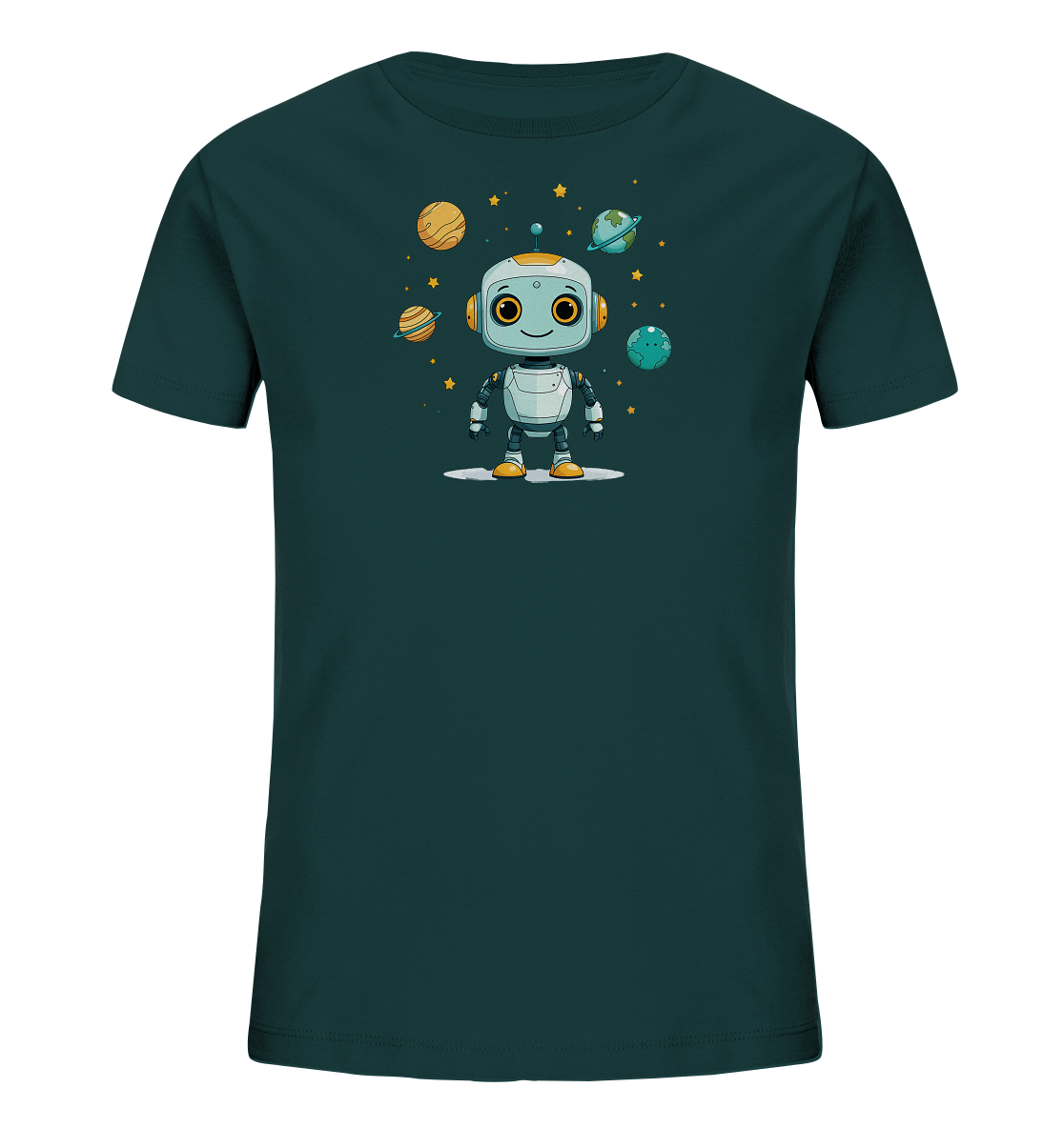 Onlineshop Shirts für Kinder - Das Bild zeigt ein dunkelgrünes Kinder-T-Shirt, das mit einem farbenfrohen Motiv bedruckt ist. In der Mitte der Vorderseite befindet sich die Illustration eines freundlich lächelnden Roboters in Weiß mit orangen Akzenten. Der Roboter ist umgeben von verschiedenen Planeten in Gelb-, Blau- und Grüntönen sowie kleinen gelben Sternen, die eine Weltraumszene darstellen. Das gesamte Design wirkt kindgerecht und lädt zum Entdecken des Universums ein.